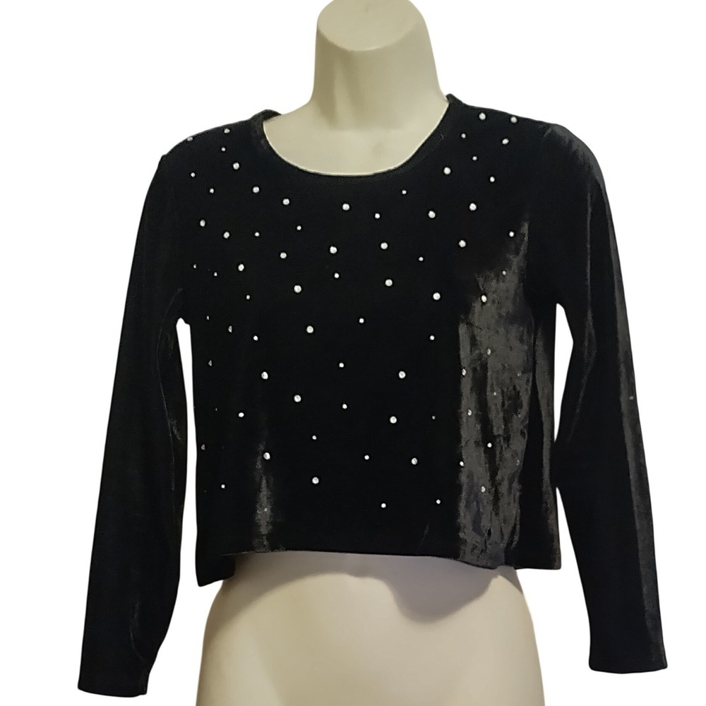 MissunderStood Velvet Rhinestone Crop Top Long Sleeve Black Juniors Size L 7B429